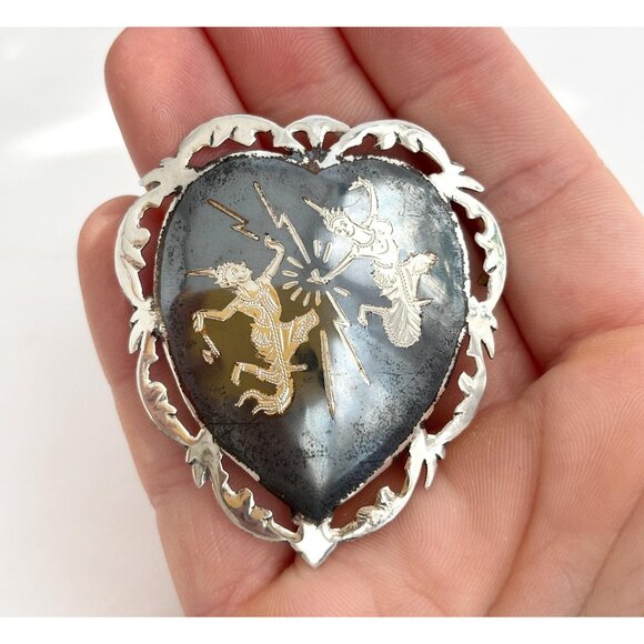 Vintage Jewelry - Siam Sterling Silver Mekkalah & Ramasoon Heart Shaped Vintage Thai Brooch